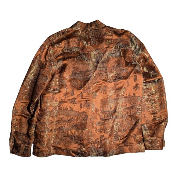 Vtg 1990s Chico's Bronze Brown Gold Brocade Satin Button Up Collared Blouse 1 M - Picture 2 of 5